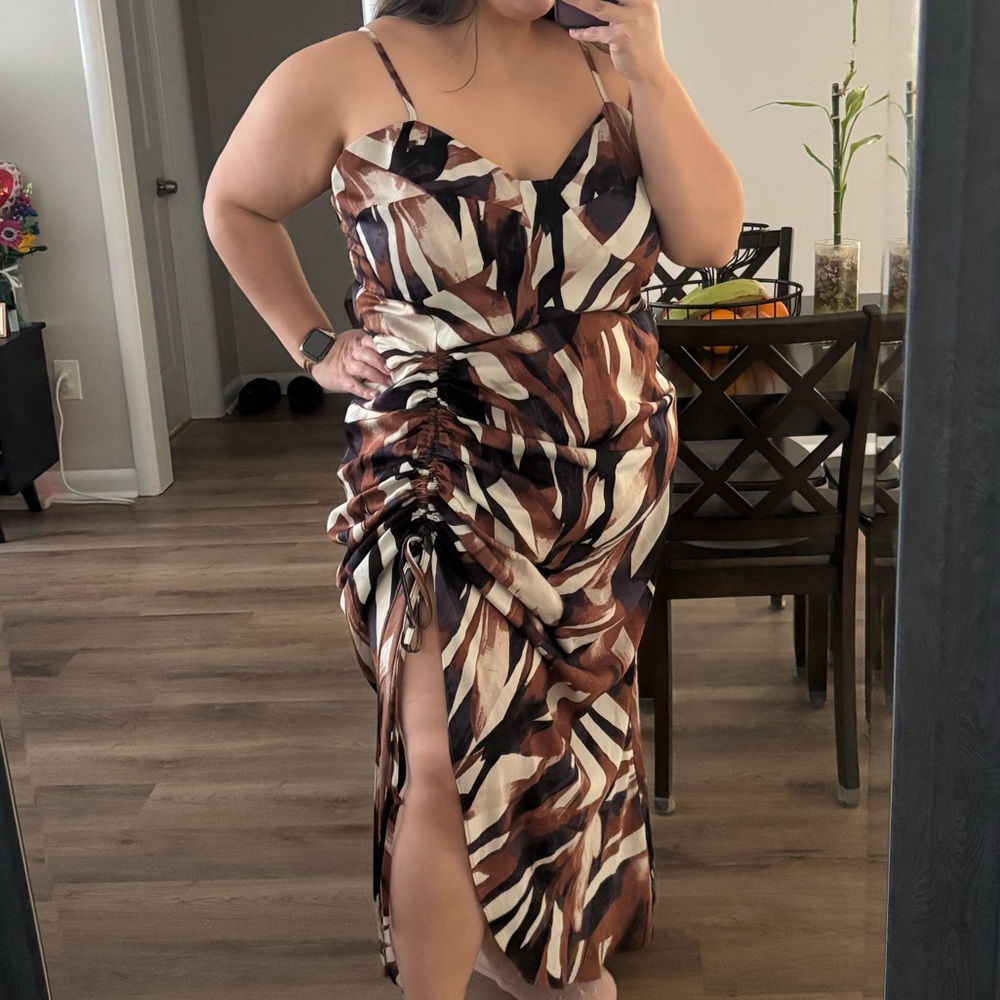 Brown, Navy, and Cream Ruched Midi Dress